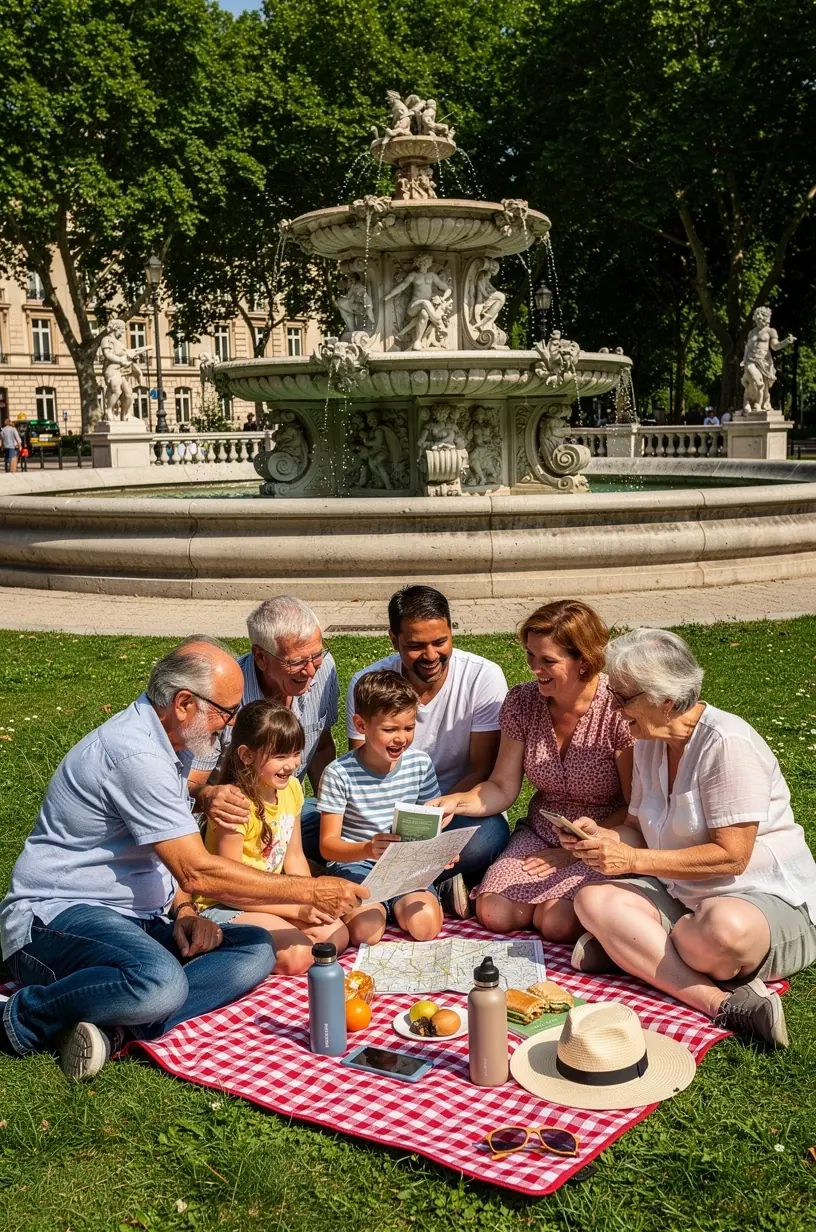 Туристы с мобильными устройствами и комплектами для прохождения игрового маршрута на фоне городской площади.